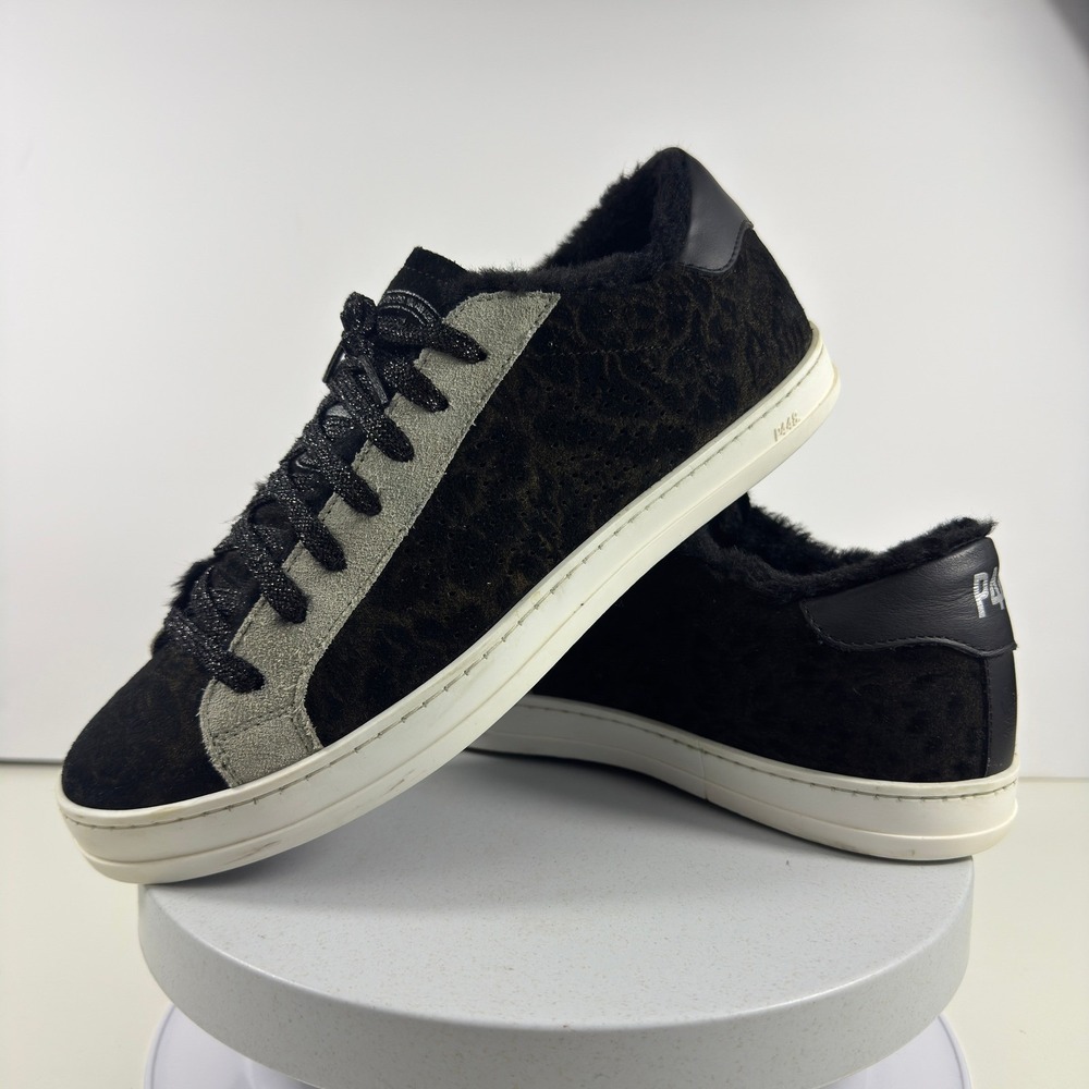 P448 Women Sneakers Furry Haircalf Low Top Streetwear Lace Up Casual Black 10